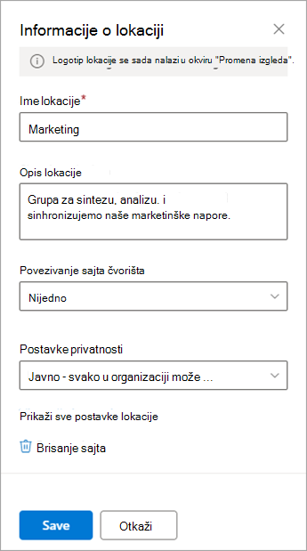 Opcije postavki informacija o lokaciji za lokaciju tima.
