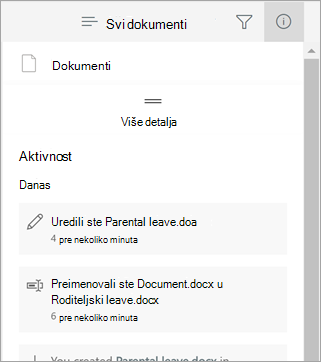 Okno sa detaljima koje prikazuje nedavne promene