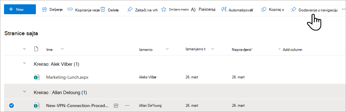 Dodavanje stranice meniju iz stranice sajta.