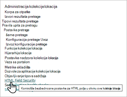 Snimak ekrana opcija administracije kolekcije lokacija sa postavkom 