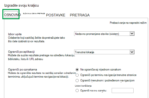 Kartica „OSNOVNO“ prilikom konfiguracije upita u veb segmentu za pretragu sadržaja
