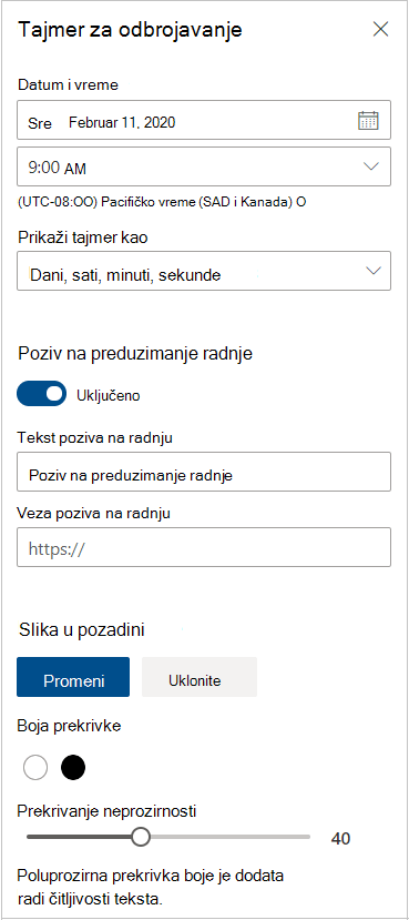 Postavke tajmera za odbrojavanje