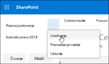 Uredite postojeću vezu ili oznaku u podnožju na SharePoint sajtu za komunikaciju.