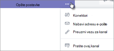 Meni sa opcijama kanala u usluzi Teams sa izabranom opcijom 