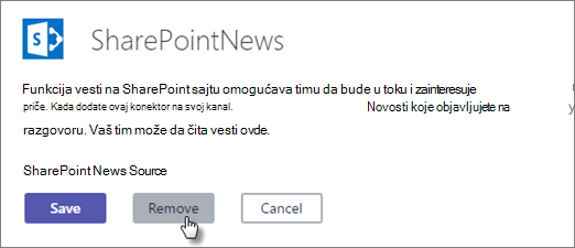 Dijalog za upravljanje SharePoint konektorom za vesti sa dugmetom 