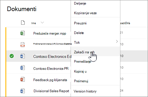 Zakači na vrh menija datoteke