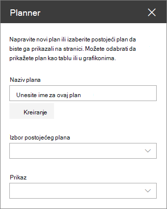 Okvir sa alatkama veb segmenta za Planner
