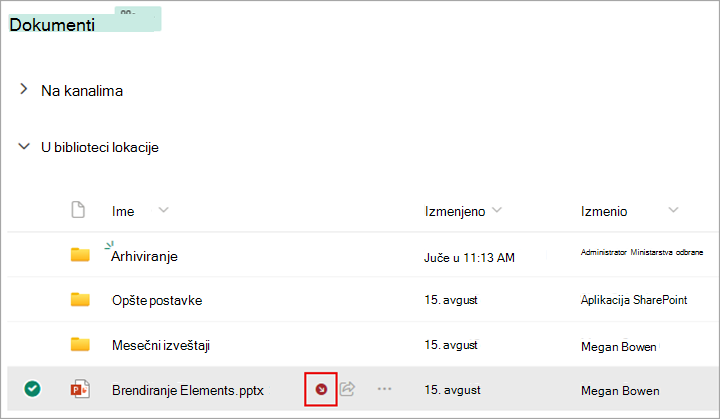 Pored datoteke koju ste odjavili pojavljuje se simbol.