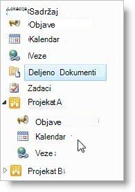 SharePoint prikaz stabla sajta koji prikazuje hijerarhiju sajta sa bibliotekama i podsajtovima u levom oknu za navigaciju