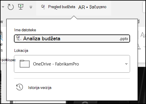 Padajući meni iz naslova dokumenta u programu Word za Office 365
