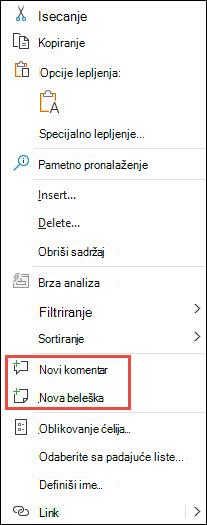 Slika kontekstualnog menija koji se dobija desnim klikom miša u programu Excel