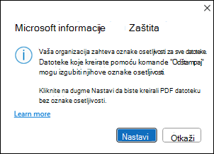 Microsoft Info zaštita Microsoft Info prozor za kreiranje PDF-a