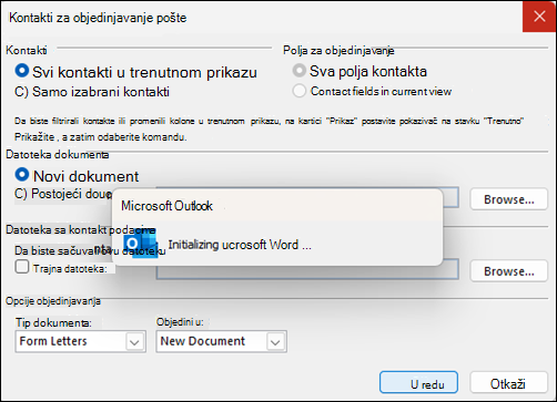 Objedinjavanje Outlook pošte se zakoči prilikom prozora za pokretanje