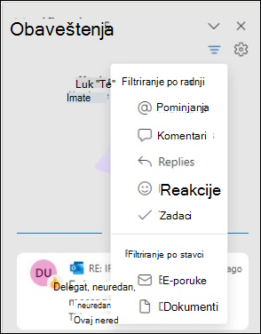 Opcije filtriranja obaveštenja u programu Outlook