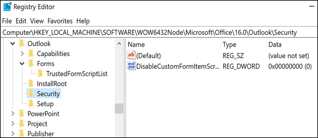 Uređivač registratora koji prikazuje bezbednosni ključ programa Outlook i vrednost DisableCustomFormItemScript