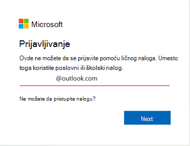 Snimak ekrana greške pri prijavljivanju u Outlook