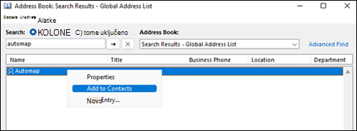 Outlook koristi GAL dodavanje kontakata radi rešavanja problema