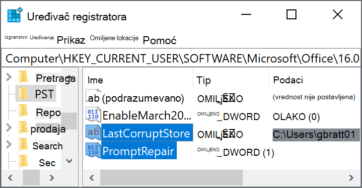 Postavke registratora za brisanje LastCorruptStore PromptRepair=dword:00000001