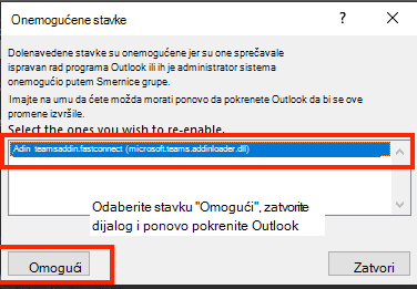 Snimak ekrana dijaloga za omogućavanje onemogućenih stavki.