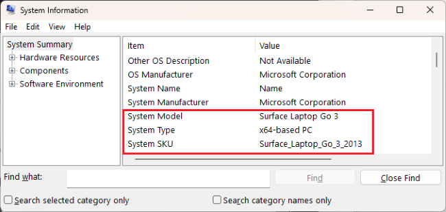 Prikazuje informacije o modelu sistema u oknu sa desne strane.