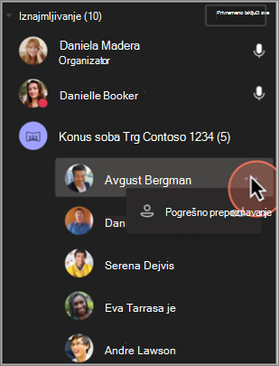 Snimak ekrana koji pokazuje kako da uklonite netačnu identifikaciju učesnika.