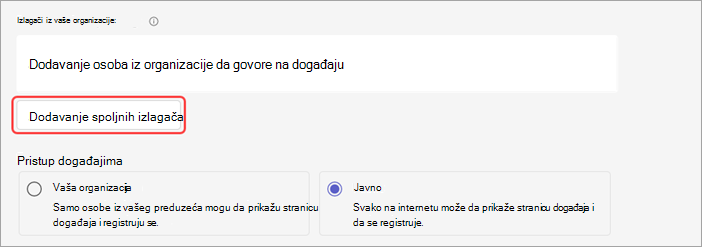 Snimak ekrana koji prikazuje kako da dodate spoljne izlagače u vebinar