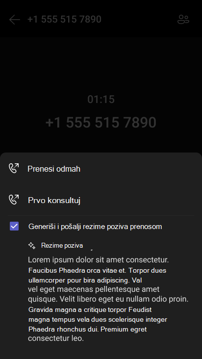 Rezime koji je generisala AI prilikom prenosa poziva