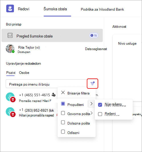 Snimak ekrana koji prikazuje detalje filtera poziva u aplikaciji Redovi.