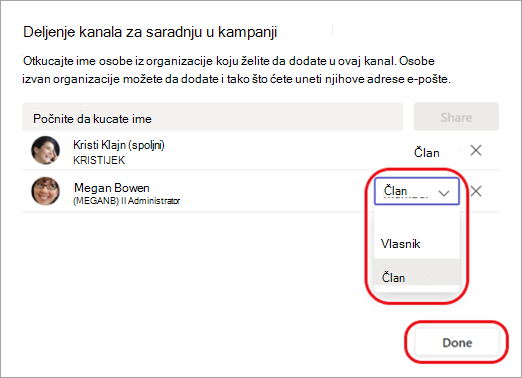 Snimak ekrana koji prikazuje kako da promenite člana kanala u vlasnika kanala