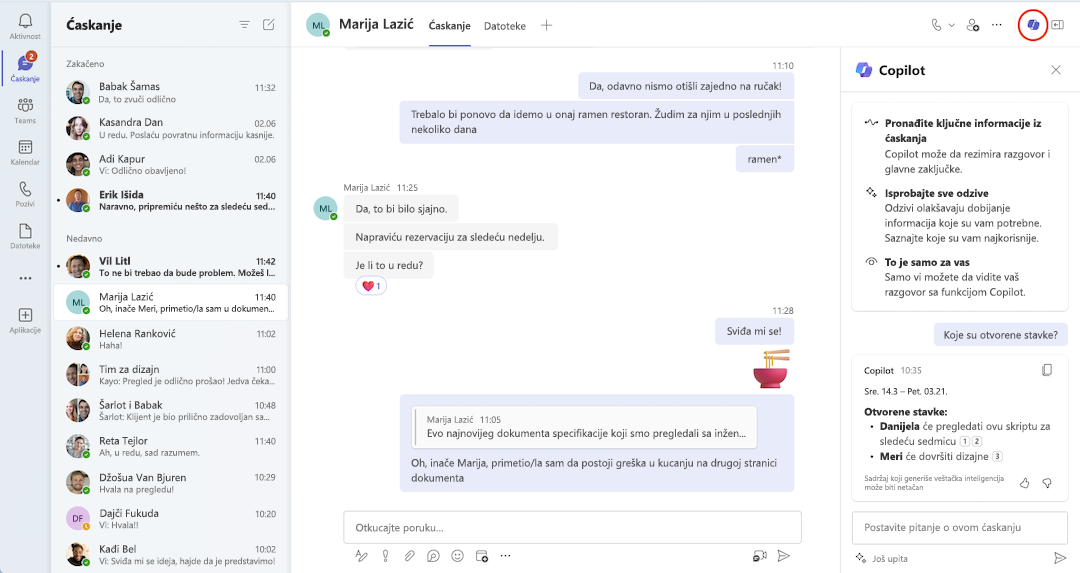 Prikaz funkcije Copilot u Teams ćaskanju