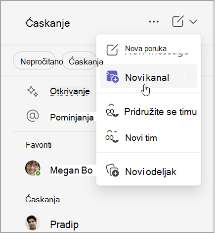 Snimak ekrana Microsoft Teams ćaskanja sa opcijama za kreiranje nove poruke, novog kanala ili novog tima. Takođe ima opciju da se pridružite timu ili da kreirate novi odeljak.