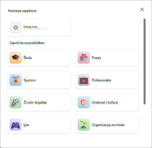 Snimak ekrana dugmadi za kreiranje zajednice sa ili bez predloška u zajednicama u usluzi Microsoft Teams (besplatna verzija).