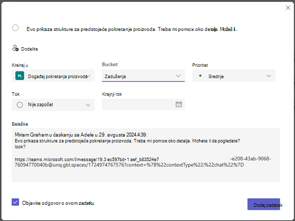 Snimak ekrana koji prikazuje kreiranje zadatka u planu i detalje koje možete postaviti.