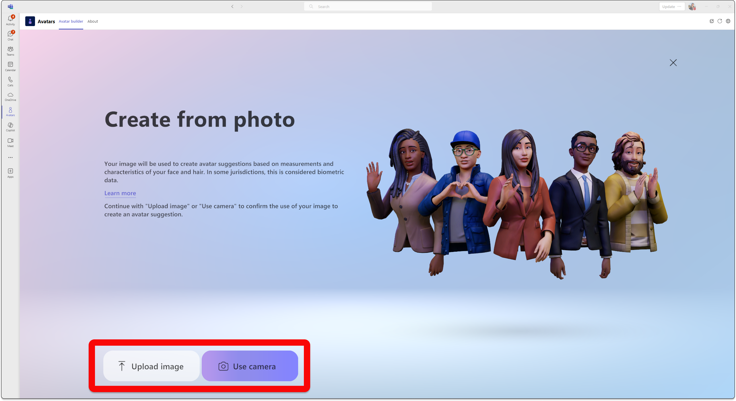 Snimak ekrana aplikacije avatari u usluzi Teams koji prikazuje kako da kreirate avatar iz otpremljene slike ili kamere računara.