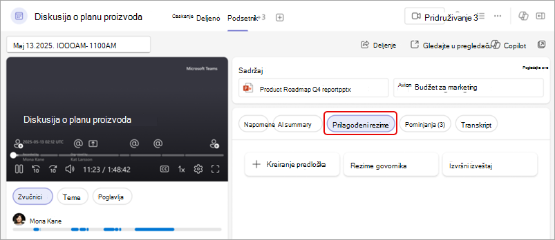 Snimak ekrana koji prikazuje prilagođeni rezime Teams podsetnika, sa istaknutim dugmetom 
