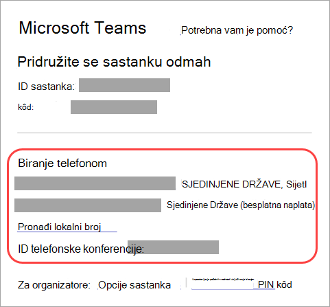 Snimak ekrana koji prikazuje gde možete da se pridružite Teams sastanku pozivanjem.