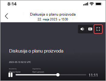 Dodirnite ikonu preko celog ekrana da biste prikazali snimak sastanka preko celog ekrana.