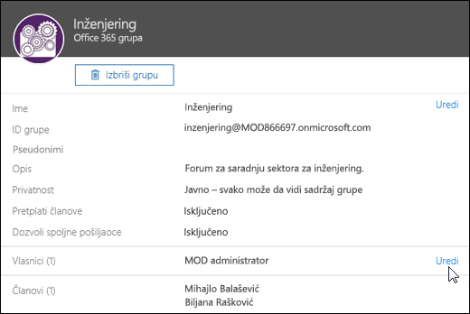 Tabla grupa je mesto gde možete da upravljate postavkama za grupu