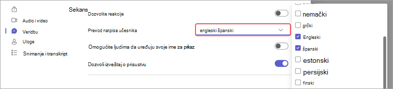 Opcija sastanka koja prikazuje kako da dodate jezike za prevedene natpise uživo u događaju.