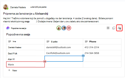 Snimak ekrana koji prikazuje više osoba koje istovremeno rade u komponenti Loop