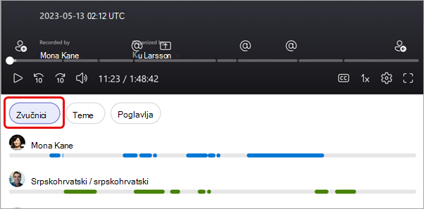 Prikaz označivača zvučnika u podsetniku usluge Microsoft Teams.