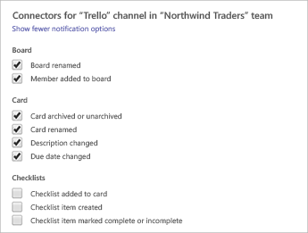 Opcije Microsoft Teams konektora za aplikaciju Trello