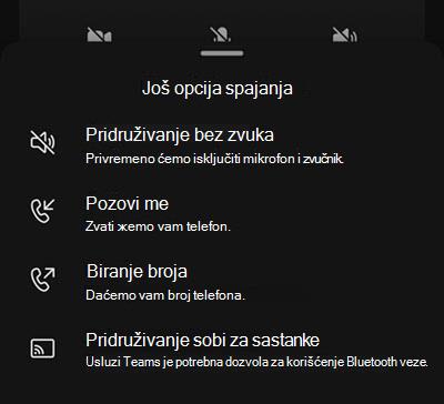 Izaberite izvor zvuka sa ekrana pre pridruživanja mobilnom sastanku.