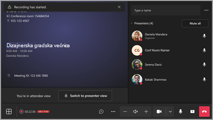 konzole Snimak ekrana koji prikazuje prikaz učesnika u Teams sobi.