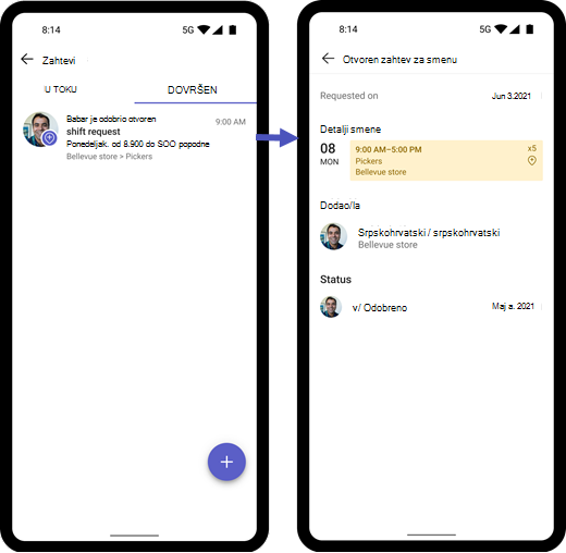 Snimak ekrana obaveštenja i zahteva za otvorenu smenu radnika koji je odobrio menadžer na mobilnom uređaju.