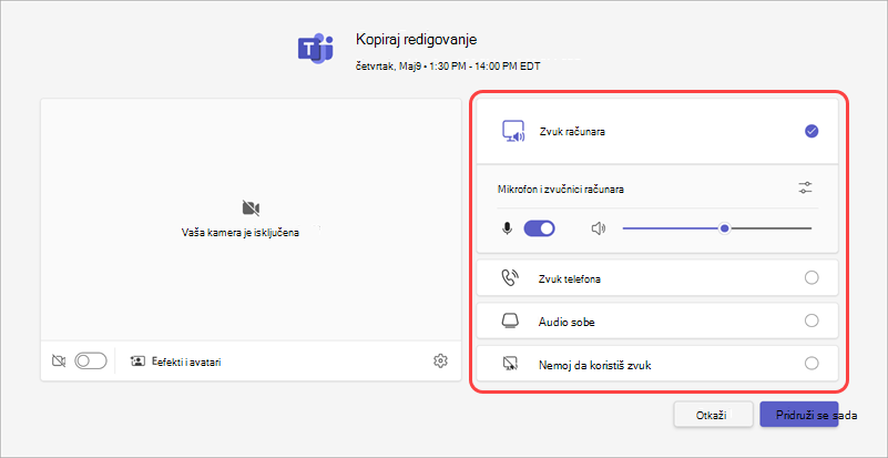 Odaberite izvor zvuka za sastanak sa ekrana pre pridruživanja.