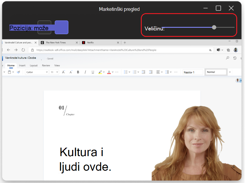 Slika koja prikazuje klizač za veličinu na vrhu stranice u režimu izlagača.