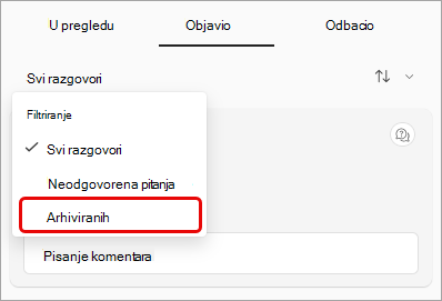 Snimak ekrana padajućeg menija filtera Q&pri čemu su arhivirane stavke istaknute.