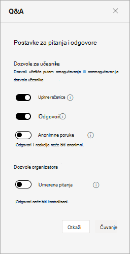 Snimak ekrana koji prikazuje postavke pitanja i odgovora tokom korporativnog skupa