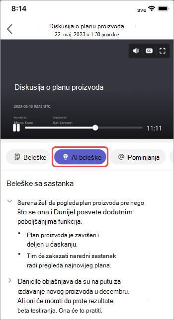 Prikažite beleške generisane veštačkom inteligencijom u podsetniku Teams sastanka.